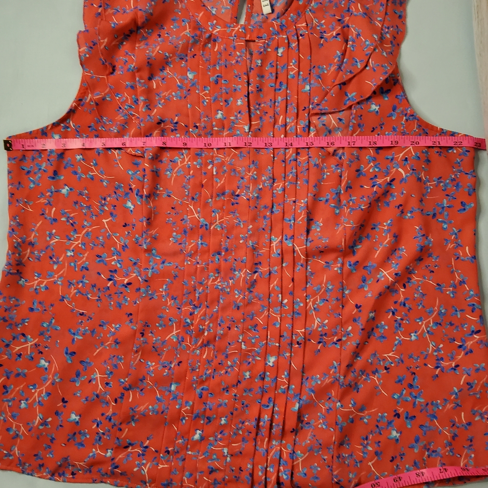 Elle Coral Sleeveless Ruffle Blouse with Blue Floral Motif - Picture 3 of 6